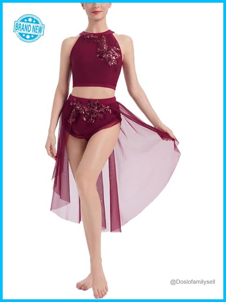 Lyrical Dance Costume 2-Piece Set Sleeveless Crop Top With Mesh Skirt